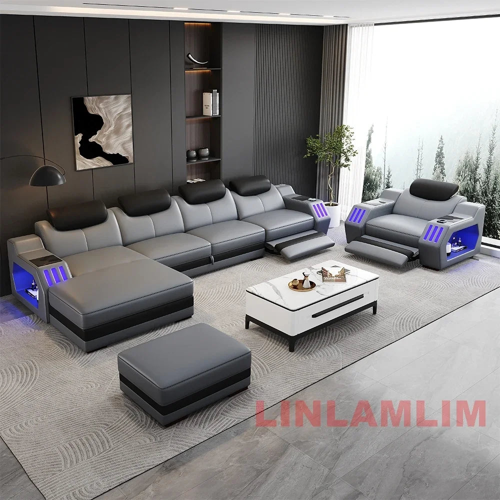 NEW Modern L-Shaped Sectional Sofa Bed with Adjustable Headrests & LED Lights, Genuine Leather Recliner Couch with Storage & USB
