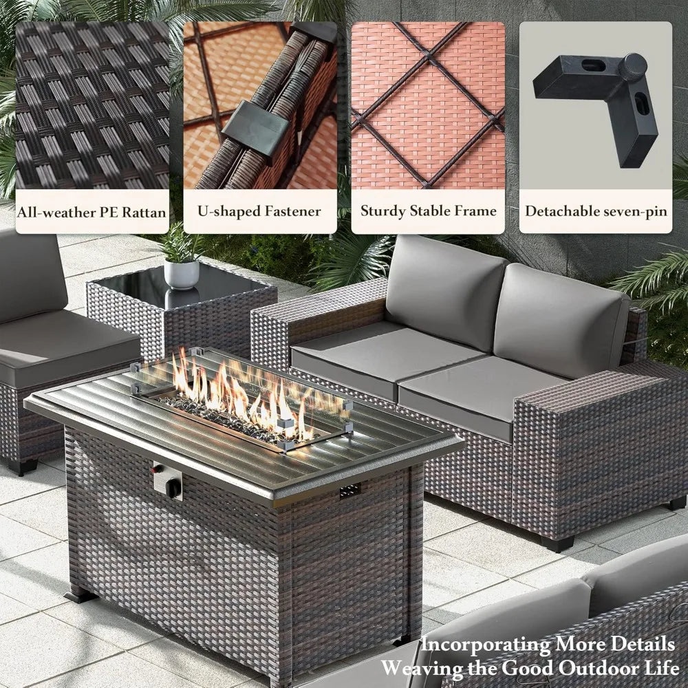 "13-piece propane fire pit patio furniture set with sectional sofa and conversation area"