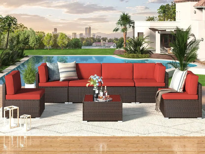 7 Piece Outdoor Patio Furniture Set, PE Rattan Outdoor Grey Wicker Furniture, Outdoor Sectional Furniture Chair