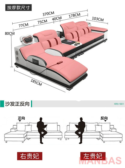 a48 Italy Genuine Leather Sectional Sofa with Bluetooth Speaker,Functional Headrest,Massage Chaise | L Shape Corner Couch