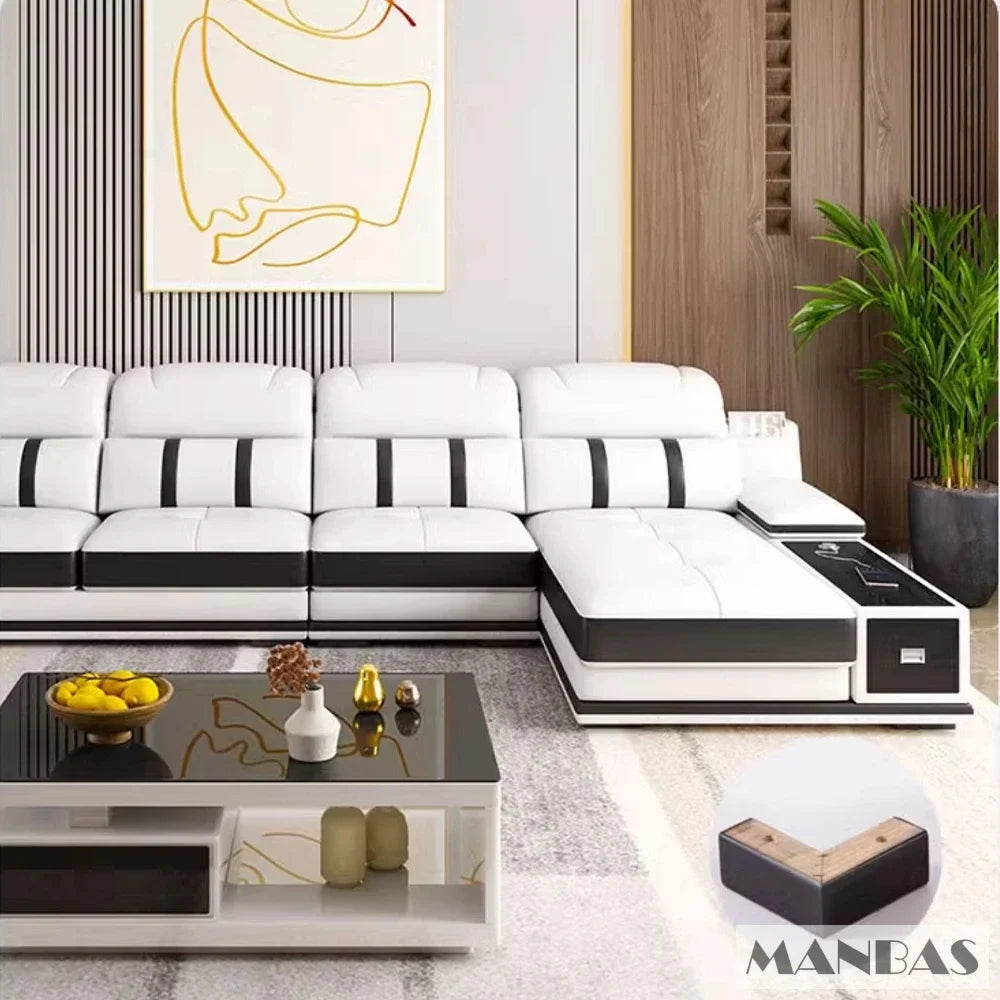 Modern Genuine Leather Sofa Living Room By MANBAS - Stylish Italian Couch with Bluetooth Speaker, USB & Adjustable Headrests