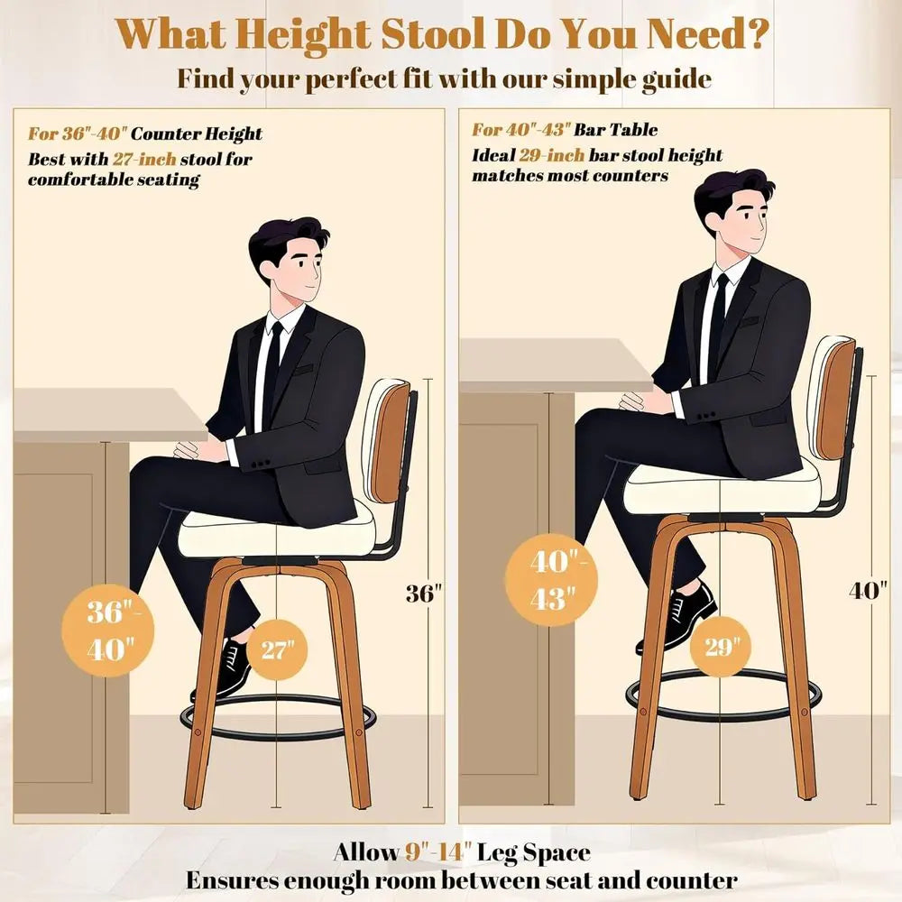 Ensemble de 3, 27 tabourets de bar pivotants en simili cuir blanc crème à hauteur de comptoir avec dossier, design moderne rembourré du milieu du siècle pour Kitc