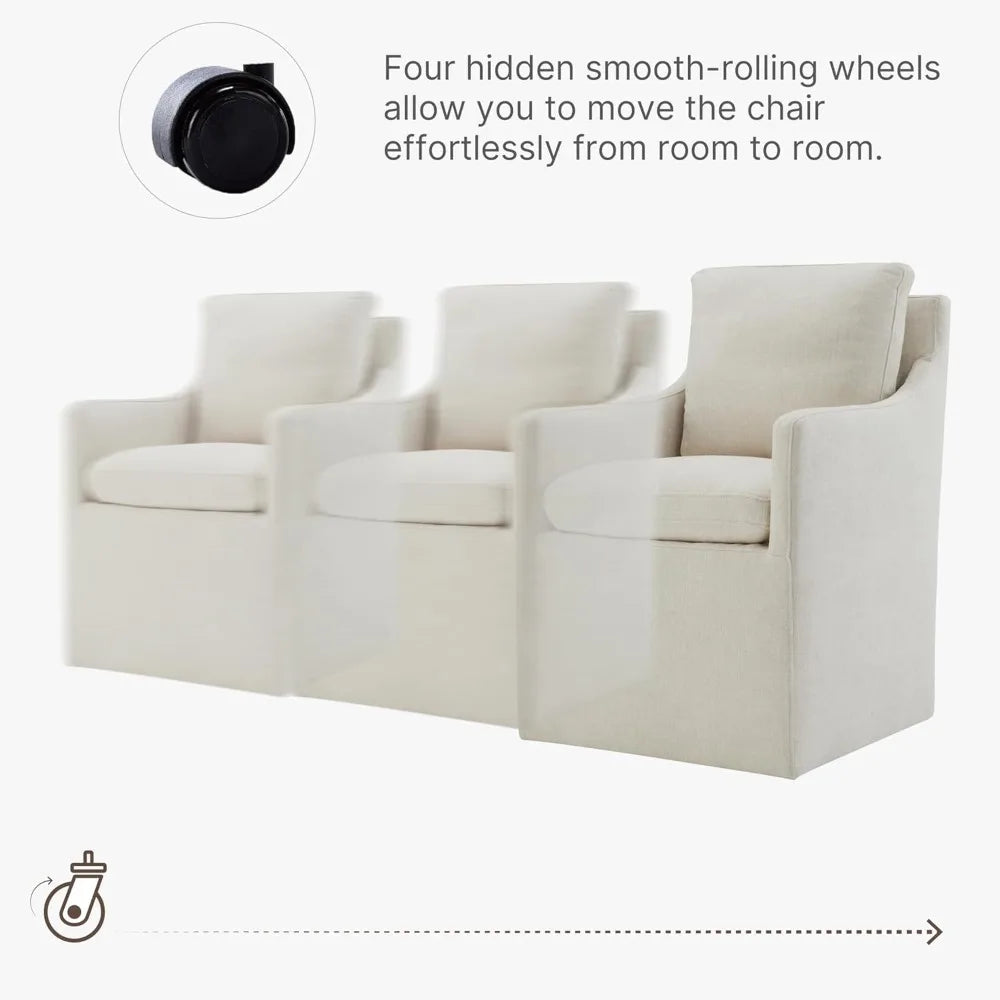 Rolling Upholstered Dining Chairs - Modern Armchairs with Casters for Dining, Bedroom, and Living Spaces