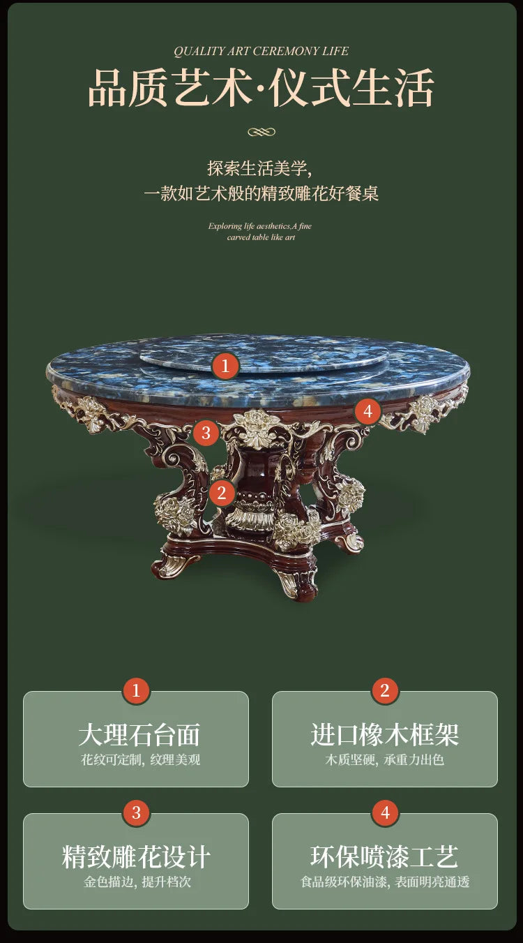 HLZ European Style Dining Table New Luxury High-End Solid Wood Home Marble French Retro Table and Chair Set Villa