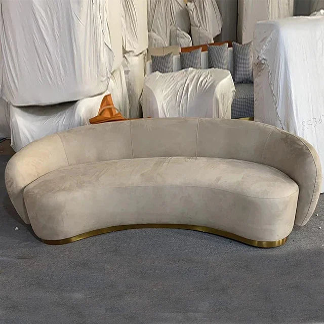 Modern Living Room Sofa Set Soft Velvet Curved Sofa With Brushed Gold Metal Base