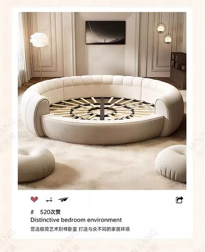 Bedroom Furniture Fabric Cream Style Double Wedding Bed Modern 200 X 200 Home Hotel Design Round Bed King Size Wooden Wood