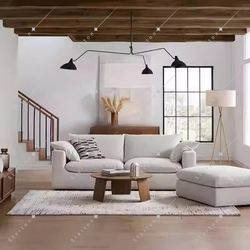 Nordic Cream White Linen Fabric Living Room Couch Sectional Cloud Sofa Modern Simple L Shaped Modular Corner Sofa Set Furniture