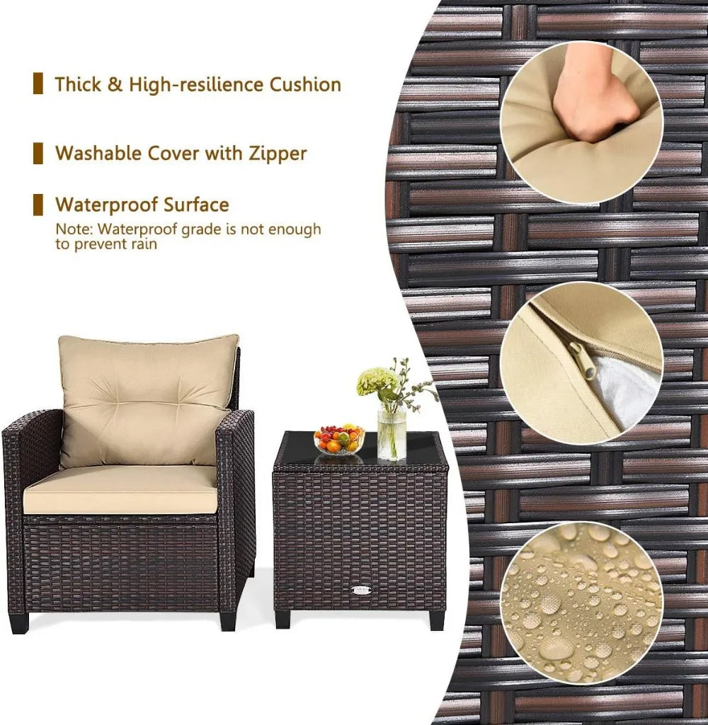 3-Piece Outdoor Patio Set with Washable Cushions & Tempered Glass Table, PE Rattan Furniture for Garden, Balcony