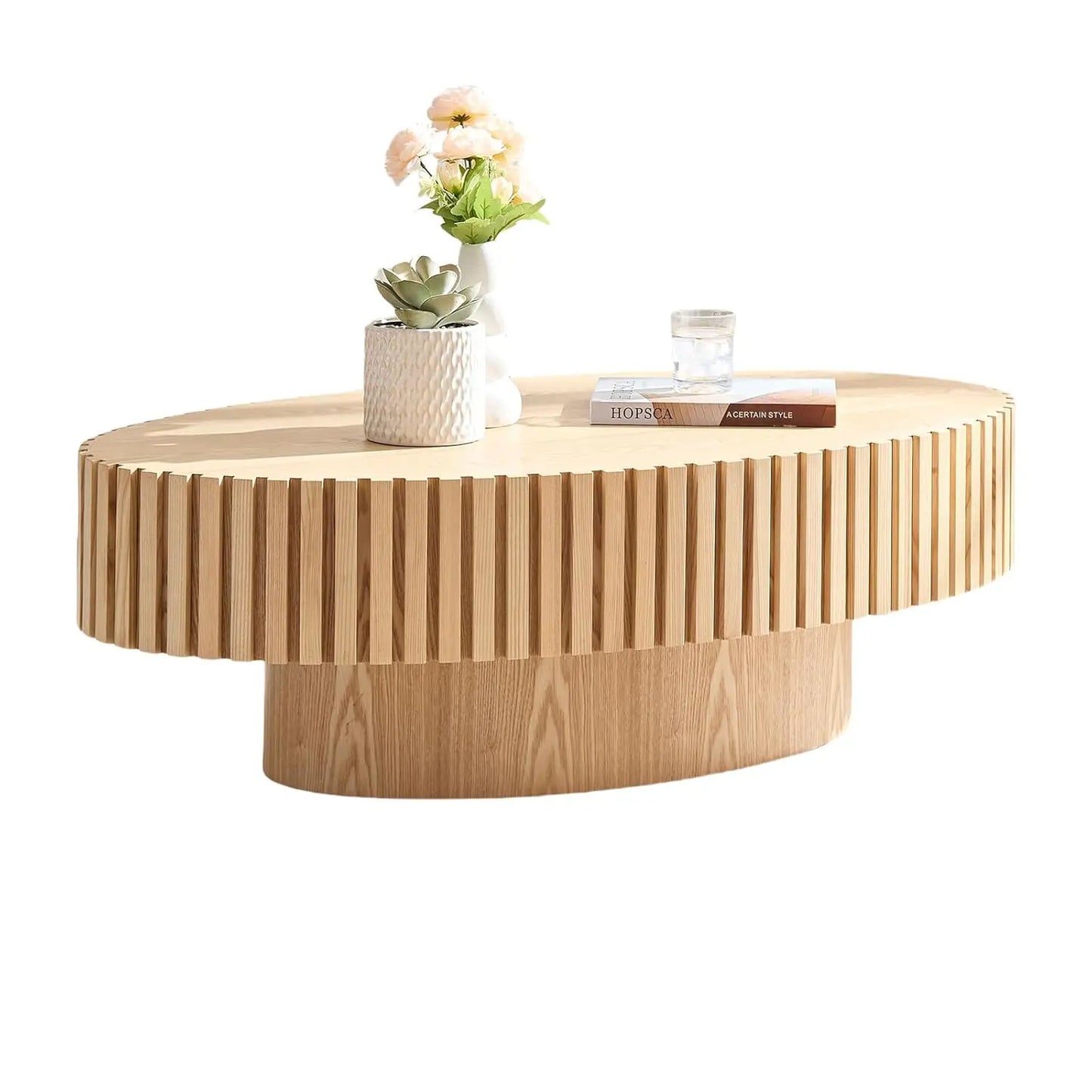 Square Coffee Table for Living Room, Modern Handcraft Solid Wood Drum Coffee Table with Sturdy Pedestal Shaped Tea Table