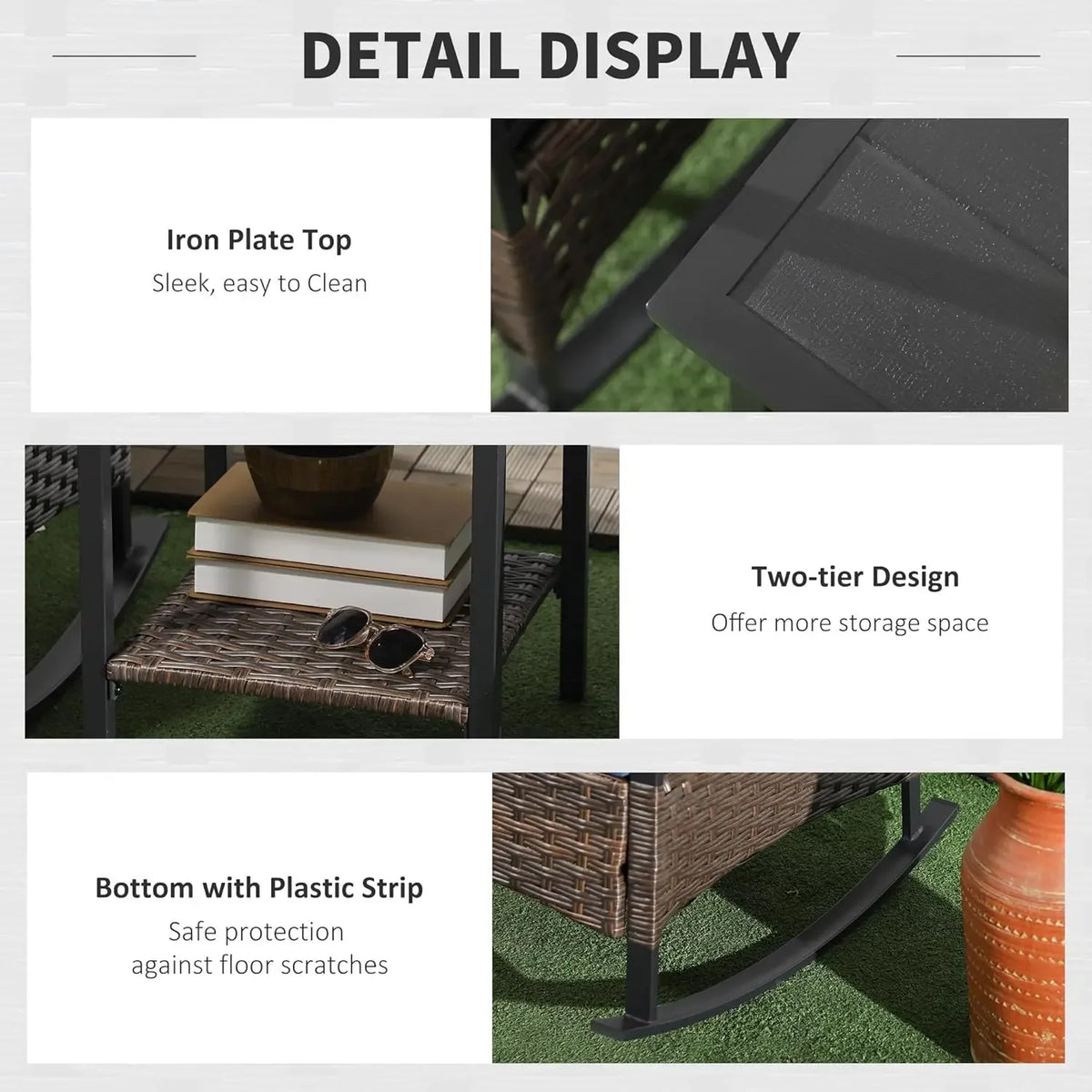 NEW-3 Piece Patio Rocking Chair Set, Outdoor Wicker Bistro Set with 2 Oversize Cushioned Porch Rockers and 2 Tier Coffee Table