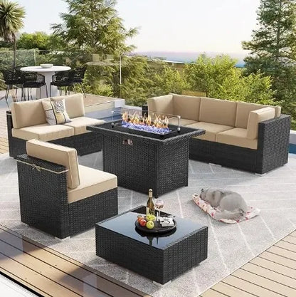Furniture Set with 44" Propane Gas Fire Pit Table, Outdoor Sectional Conversation Set Wicker Rattan Sofa Set with Coffee Table