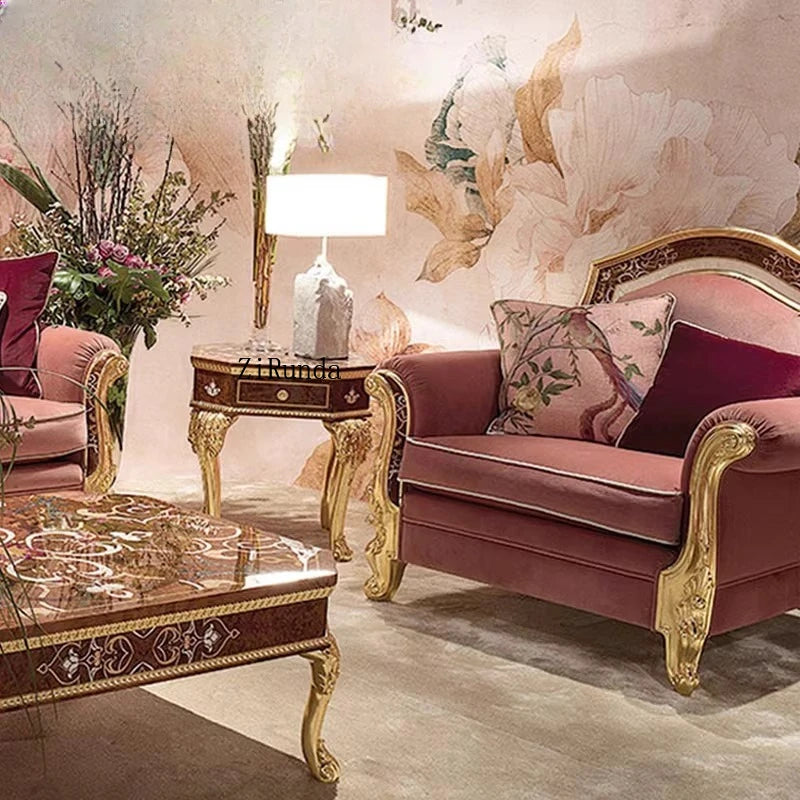 European luxury solid wood carving flower sofa French parquet fabric sofa coffee table combination