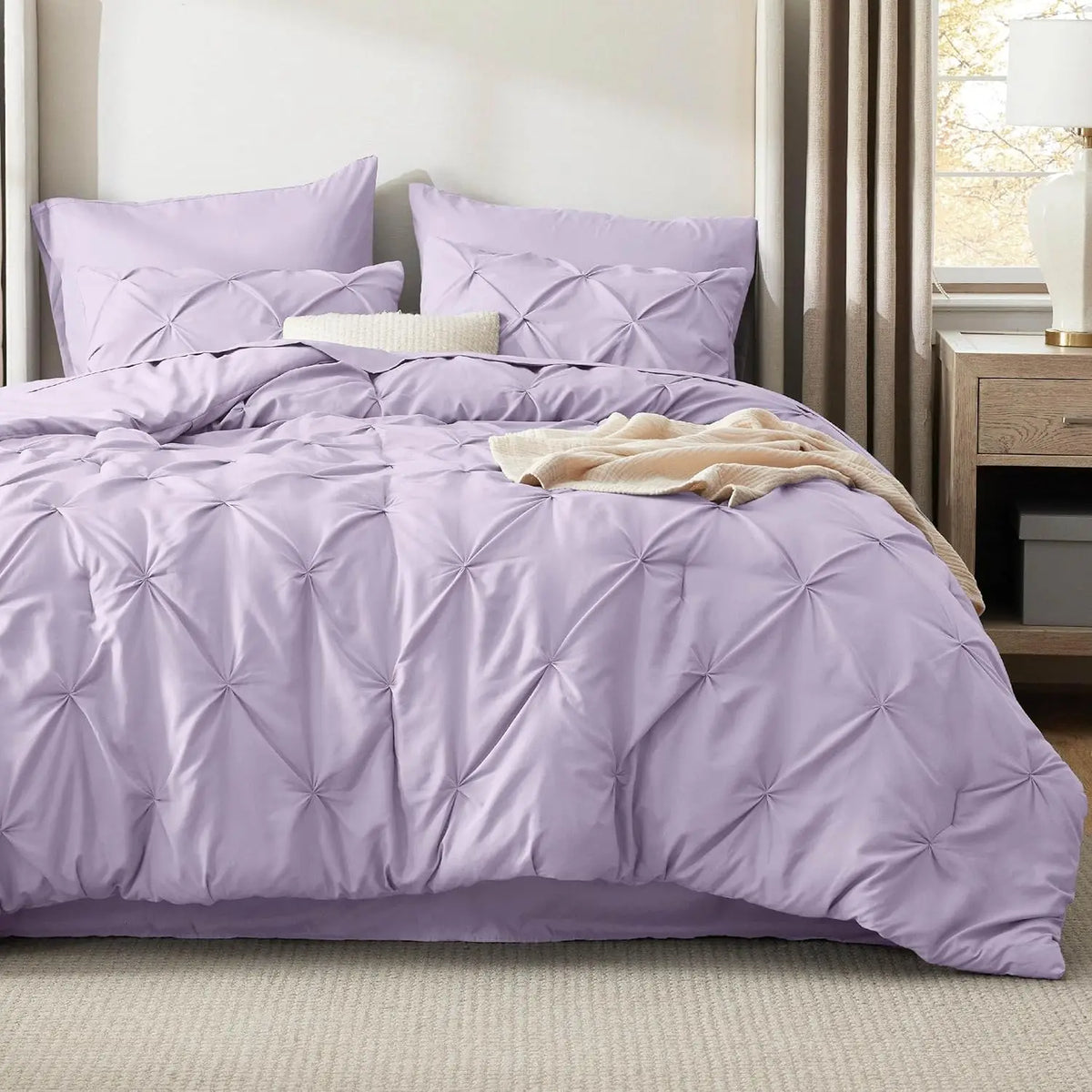Full Comforter Set Light Purple Bed in a Bag Full Size 7 Pieces GentleSoft™ Pintuck Bed Set Gift for Family Pinch Pleat Light Pu