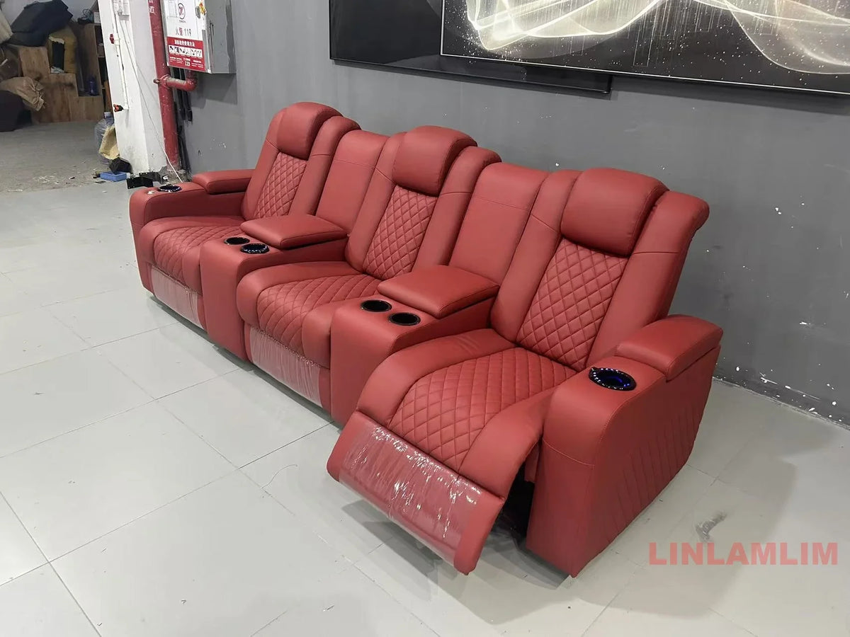 Linlamlim Luxury 3-Seat Recliner Sofa with Cup Holders, Leather Home Theater Seating, Cinema Recliner Couch with Center Console