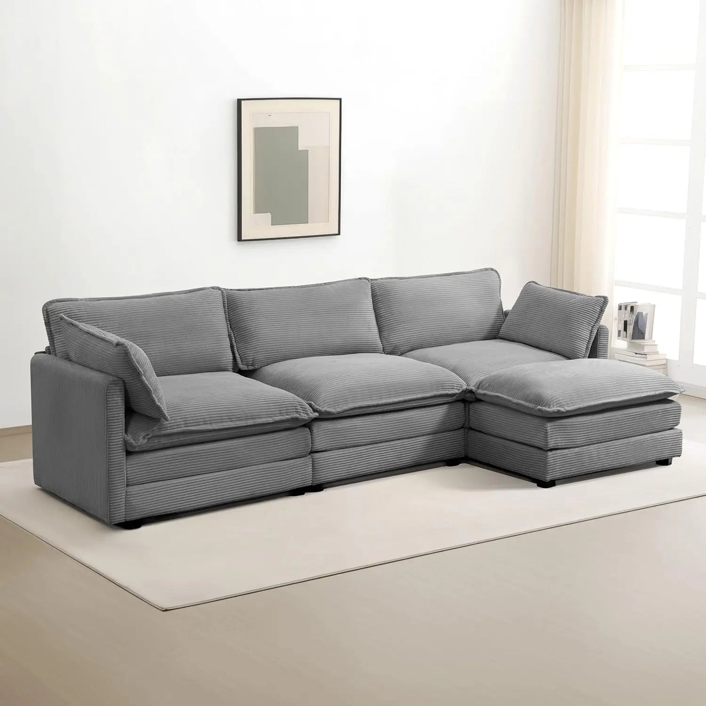 Oversized Modular Sectional Sofa Movable Ottoman 112in 4 Seat Corduroy Convertible L Shape Living Room Office Beige Custom