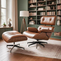 Mid Century Chaise Lounge Chair with Ottoman, Top Black Grain Leather,Modern Office Chair Classic Design,Heavy Duty Base Support