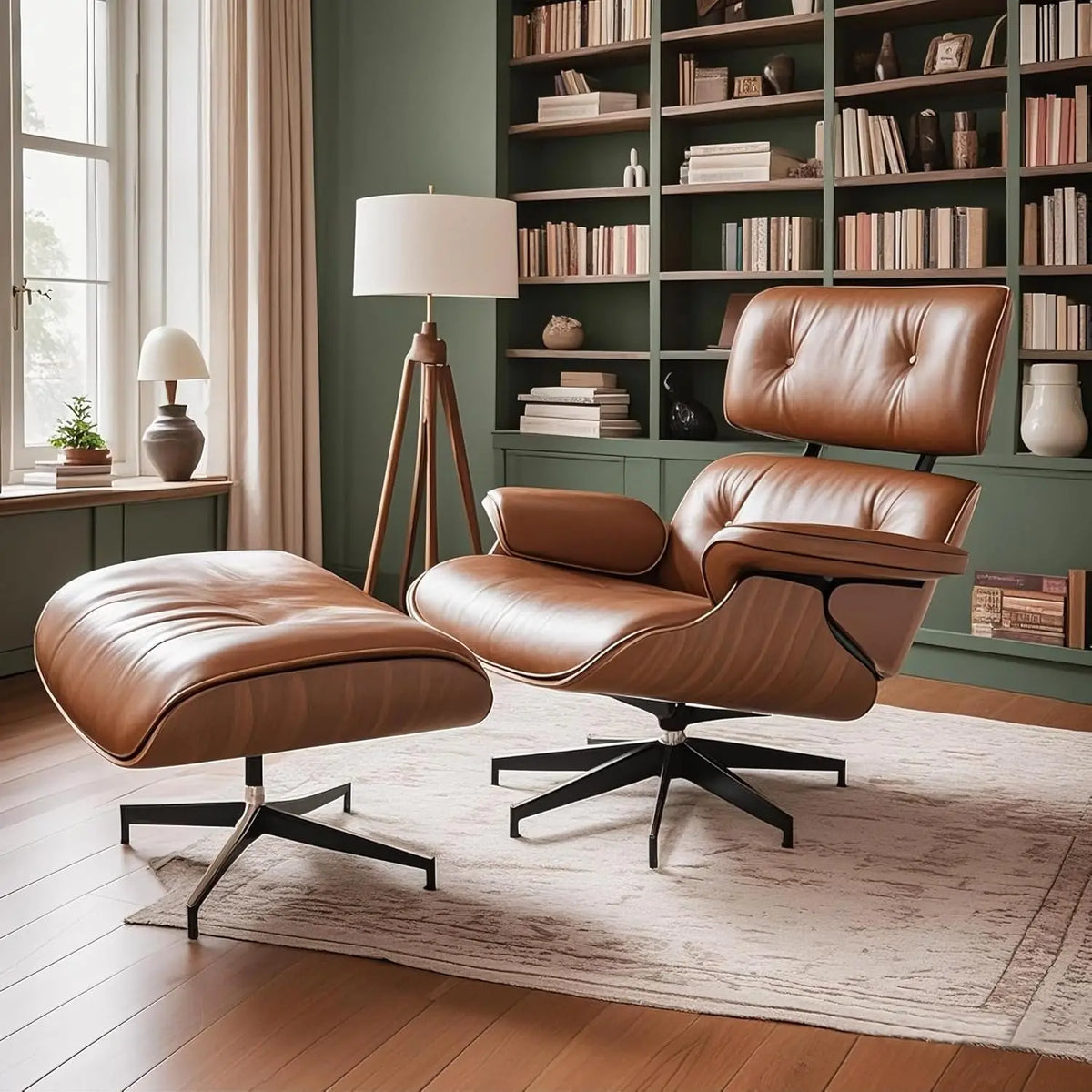 Mid Century Chaise Lounge Chair with Ottoman, Top Black Grain Leather,Modern Office Chair Classic Design,Heavy Duty Base Support