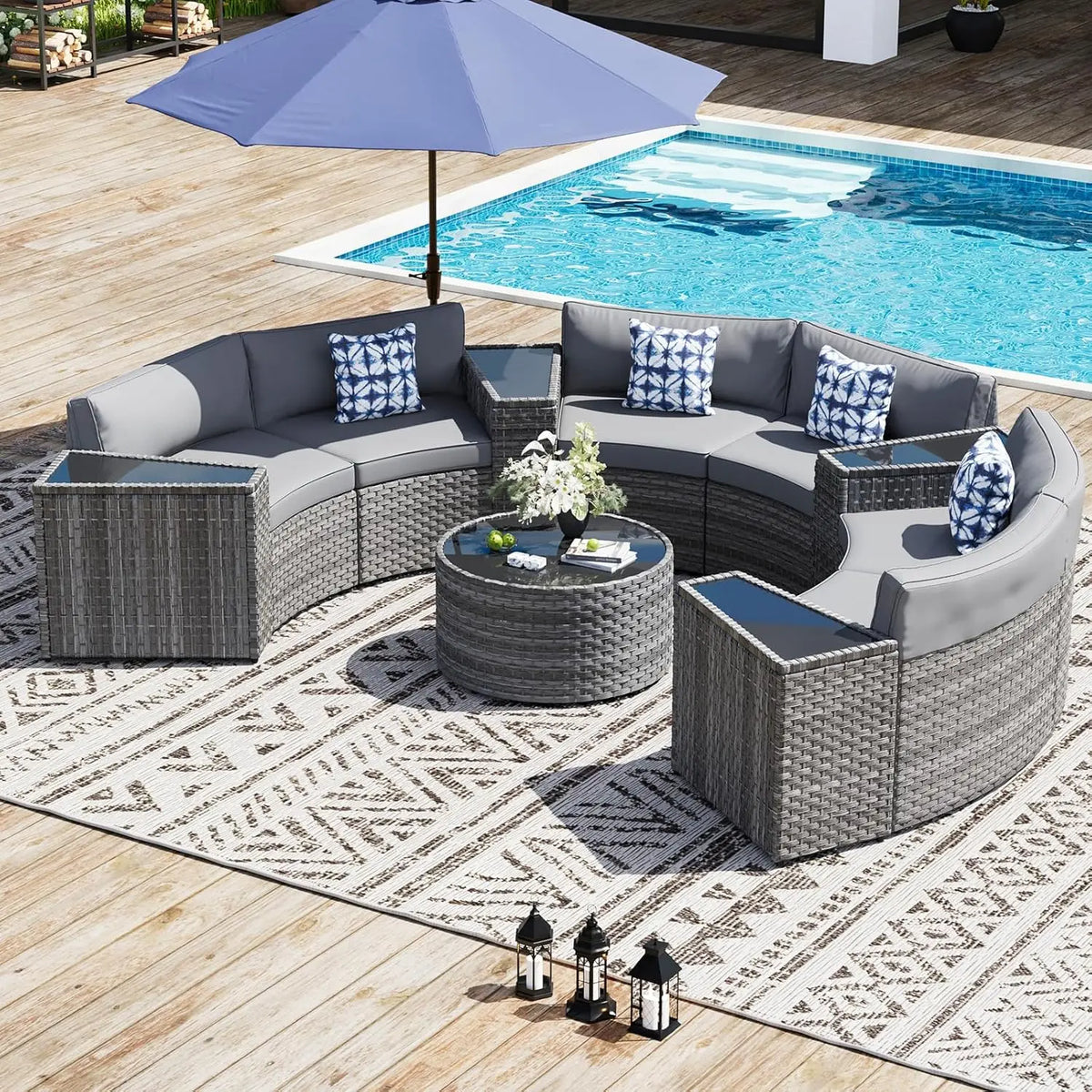 Half Moon 11pc Curved Outdoor Sectional Sofa All Weather Wicker Patio Set with Coffee Table, Gray, Customized