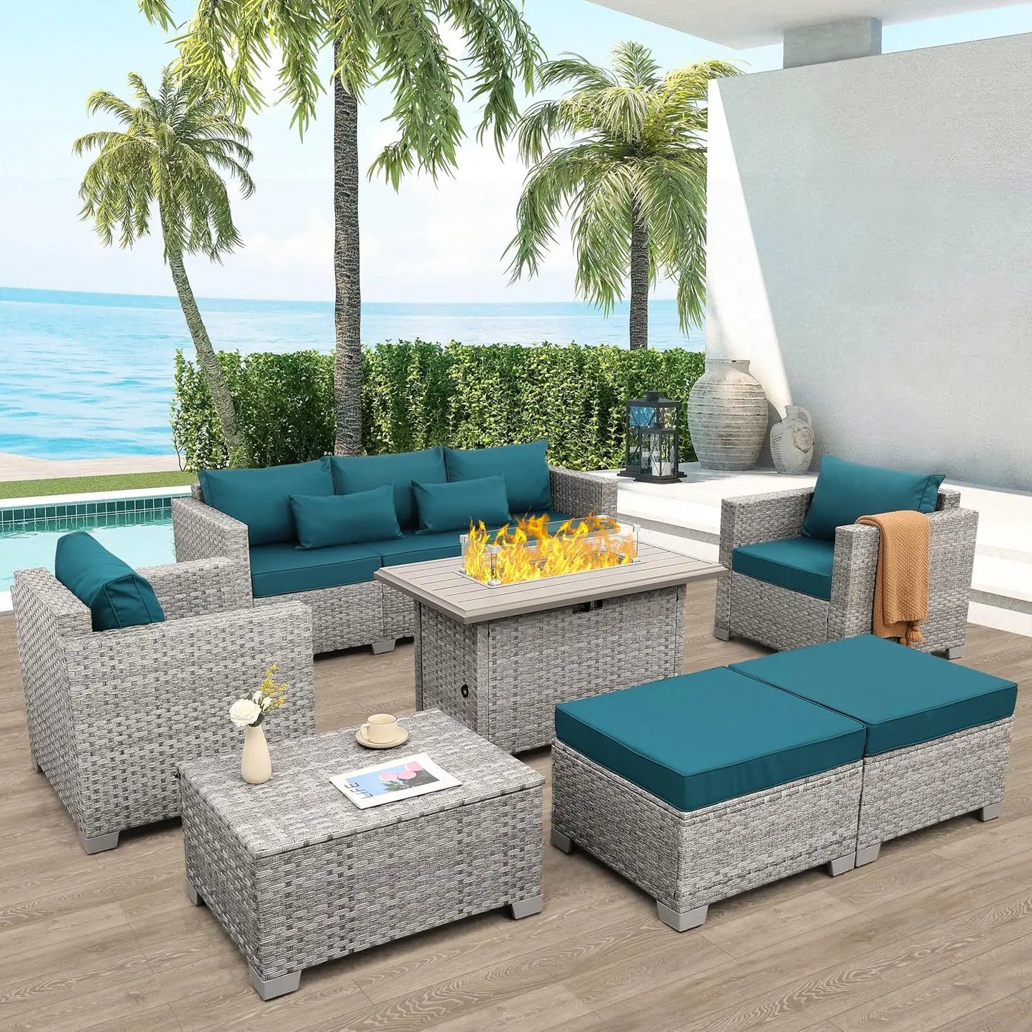 Patio Furniture Set 6 Piece PE Rattan Outdoor Conversation Sets Grey Wicker Couch Sectional Sofa with Fire Pit Table, Custom