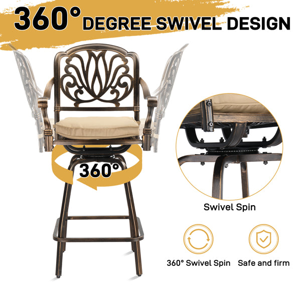 Outdoor Swivel Bar Stools Set of 2, Cast Aluminum Patio Bar Height Chairs, All-Weather Swivel Dining Chairs for Outdoor