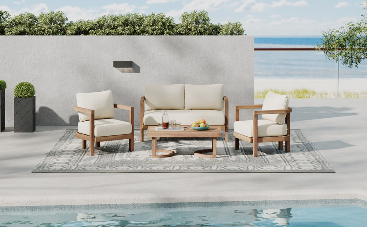 4-Piece Acacia Outdoor Furniture Set, Deep Seating Patio Conversation Set with Coffee Table and Soft Cushions, Ideal for
