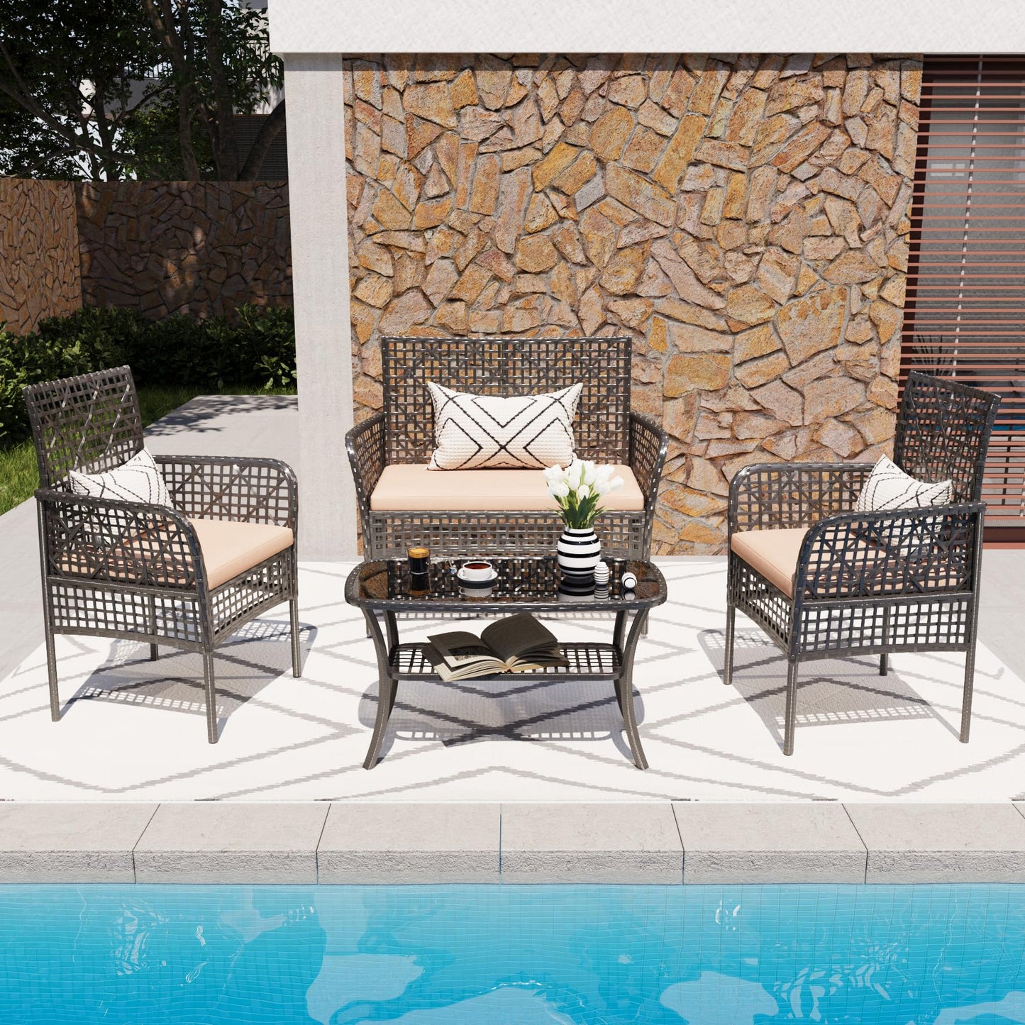 4-Piece Outdoor Patio Furniture Set, PE Rattan Wicker Garden Chairs with Tempered Glass Table & Soft Cushions for Backyard,