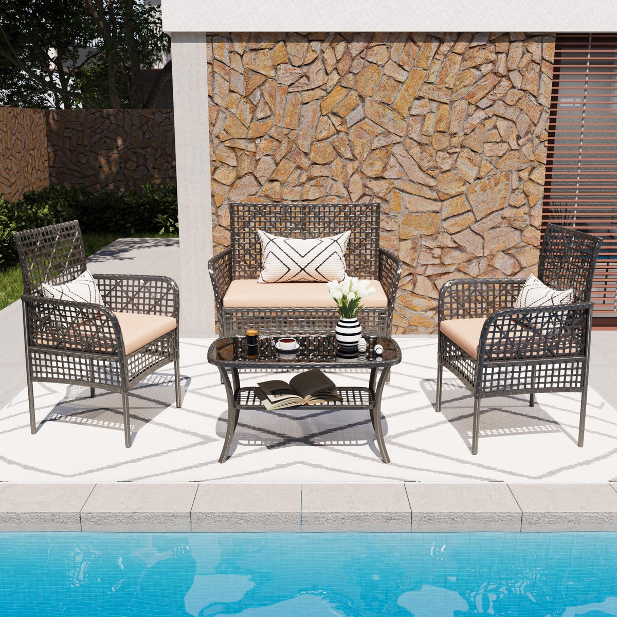 4-Pc Outdoor Patio Furniture Set, PE Rattan Wicker Garden Conversation Chairs with Tempered Glass Table & Soft Cushions for