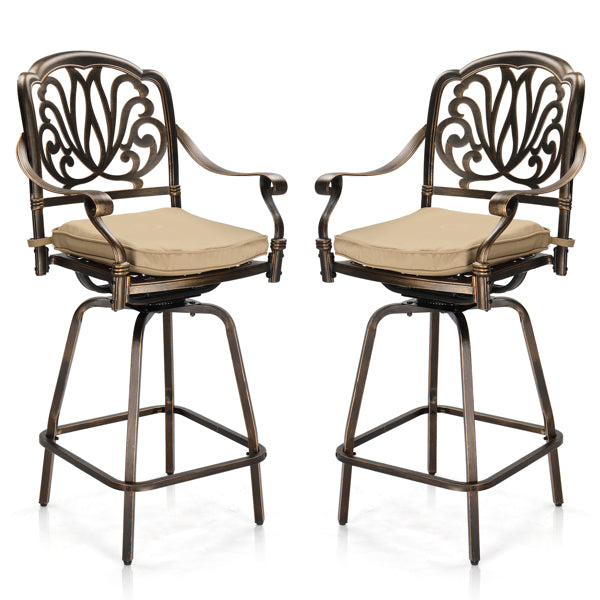 Outdoor Swivel Bar Stools Set of 2, Cast Aluminum Patio Bar Height Chairs, All-Weather Swivel Dining Chairs for Outdoor