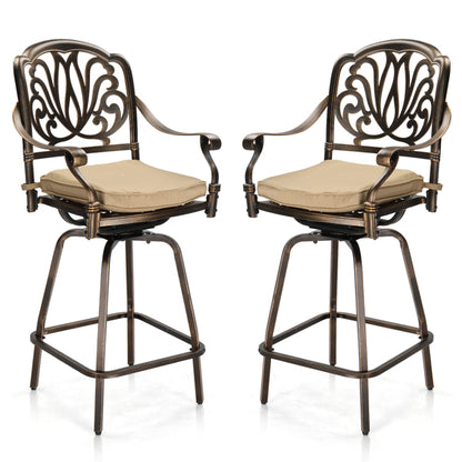 Outdoor Swivel Bar Stools Set of 2, Cast Aluminum Patio Bar Height Chairs, All-Weather Swivel Dining Chairs for Outdoor