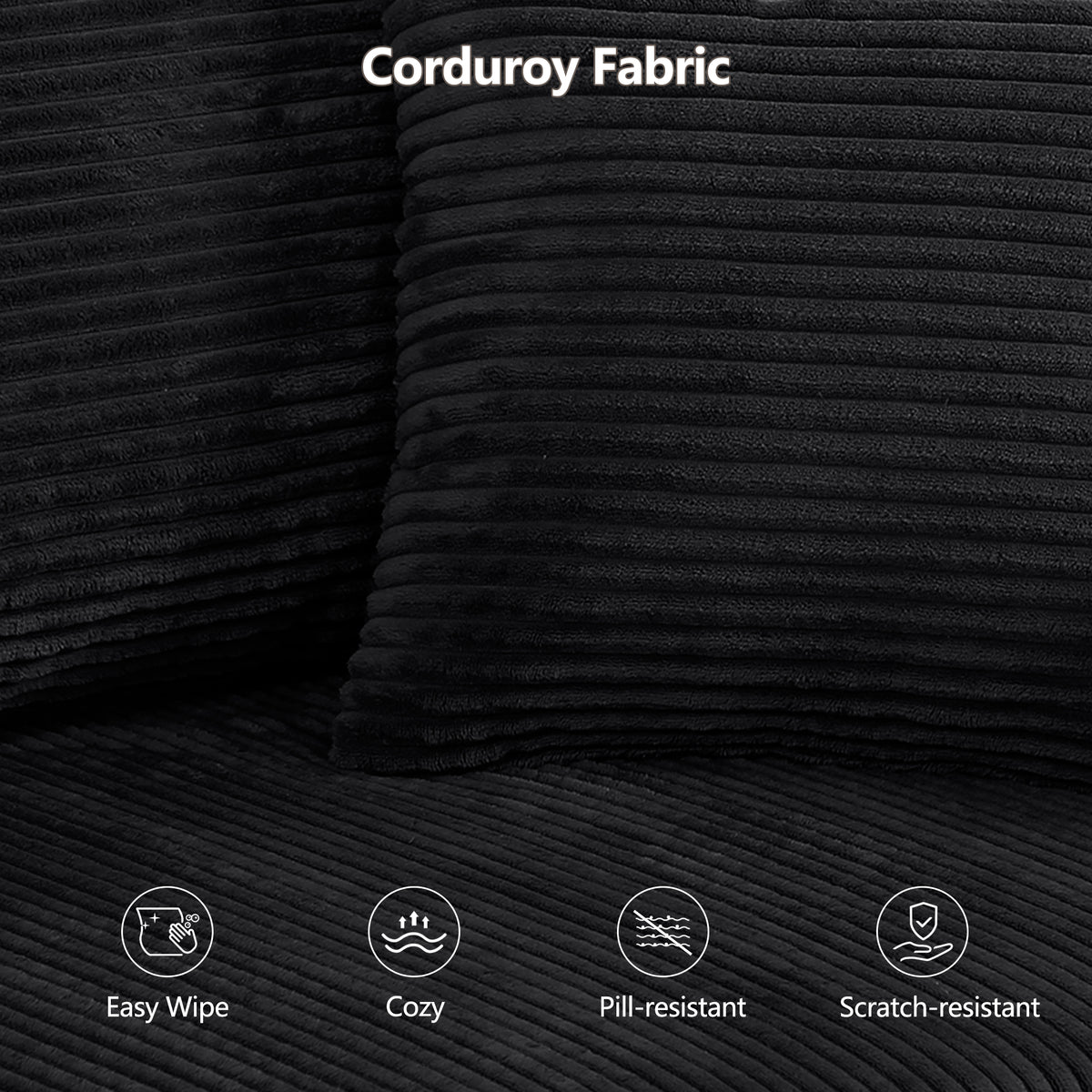 Modular U-Shaped Sectional Sofa in Black, Convertible Oversized Couch with Chaise Lounge, No Assembly Required, Soft Corduroy