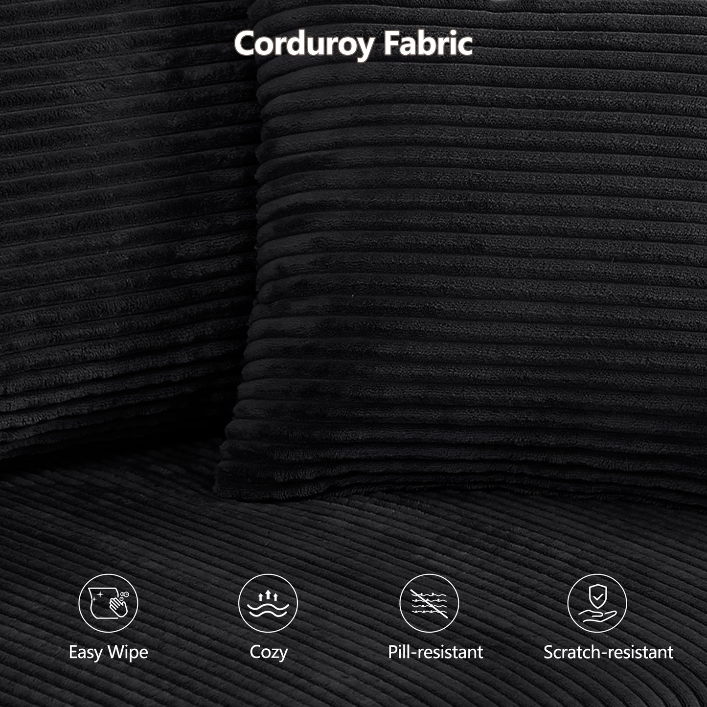 Modular U-Shaped Sectional Sofa in Black, Convertible Oversized Couch with Chaise Lounge, No Assembly Required, Soft Corduroy