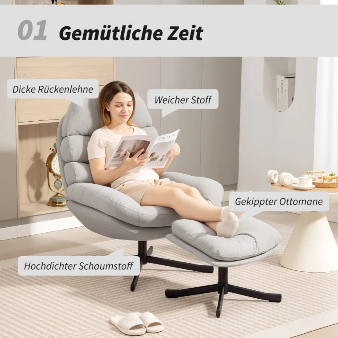 Chenille Accent Chair with Ottoman – Modern Lounge Chair, Cream White, 78x93x100cm - PatioLix