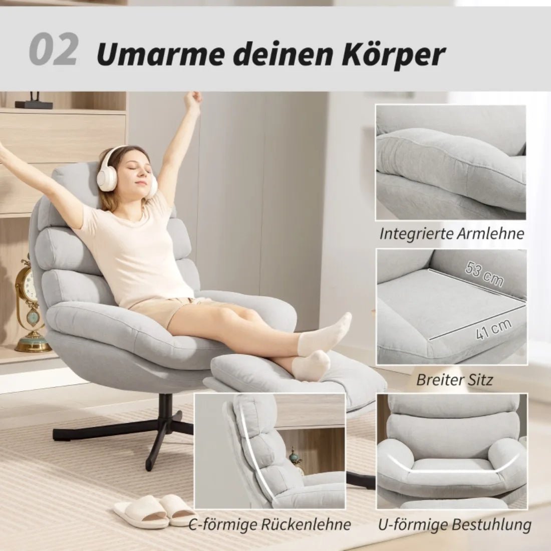 Chenille Accent Chair with Ottoman – Modern Lounge Chair, Cream White, 78x93x100cm - PatioLix