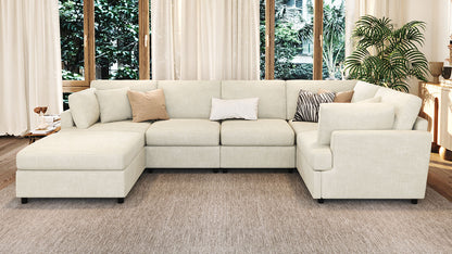 U-Style 127" U-Shaped Sectional Sofa with Movable Ottoman, 6-Piece Chenille Fabric Sofa Set, Convertible Modular Corner Couch