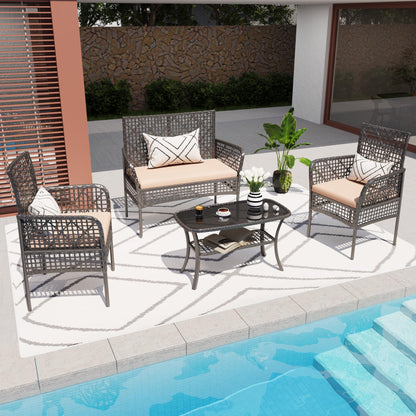 4-Piece Outdoor Patio Furniture Set, PE Rattan Wicker Garden Chairs with Tempered Glass Table & Soft Cushions for Backyard,