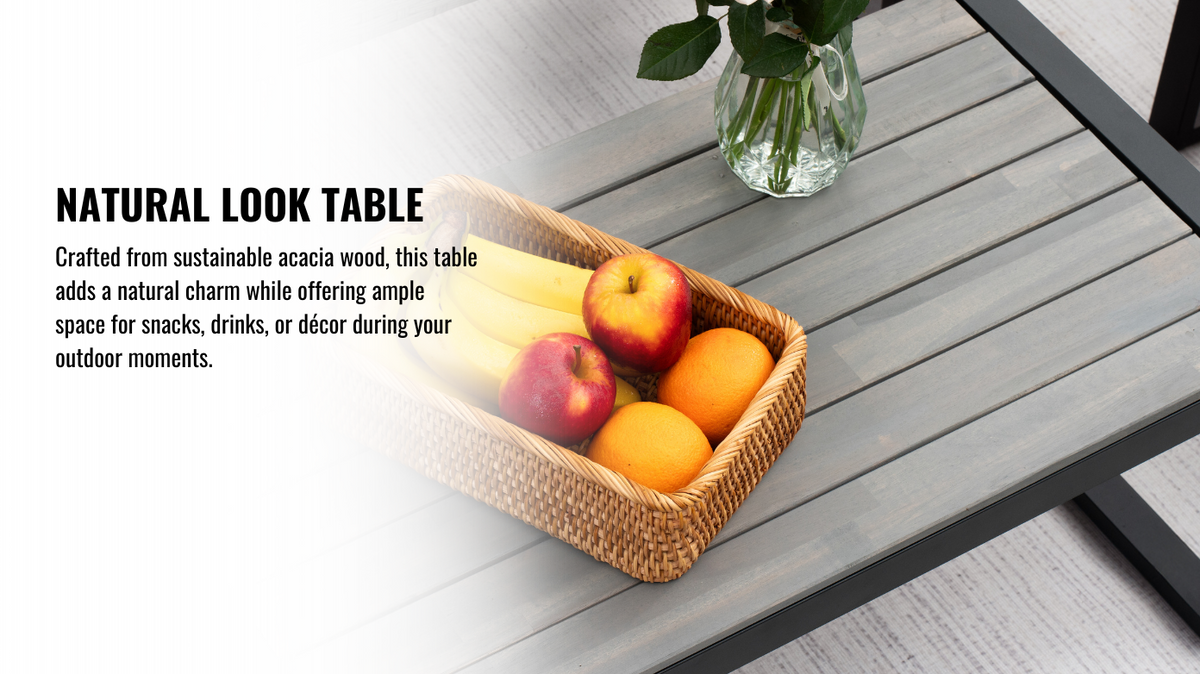 4-Piece Outdoor Patio Furniture Set for Balcony Garden Lawn, Gray Acacia Wood Table, Blue Cushions, Light Gray Rattan