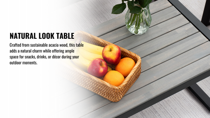 4-Piece Outdoor Patio Furniture Set for Balcony Garden Lawn, Gray Acacia Wood Table, Blue Cushions, Light Gray Rattan