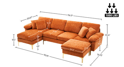 U Shaped Sectional Sofa Couch Set for Living Room Convertible Velvet with Chaise Lounge Ottoman and Pillows