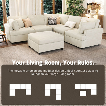 U-Style 127" U-Shaped Sectional Sofa with Movable Ottoman, 6-Piece Chenille Fabric Sofa Set, Convertible Modular Corner Couch