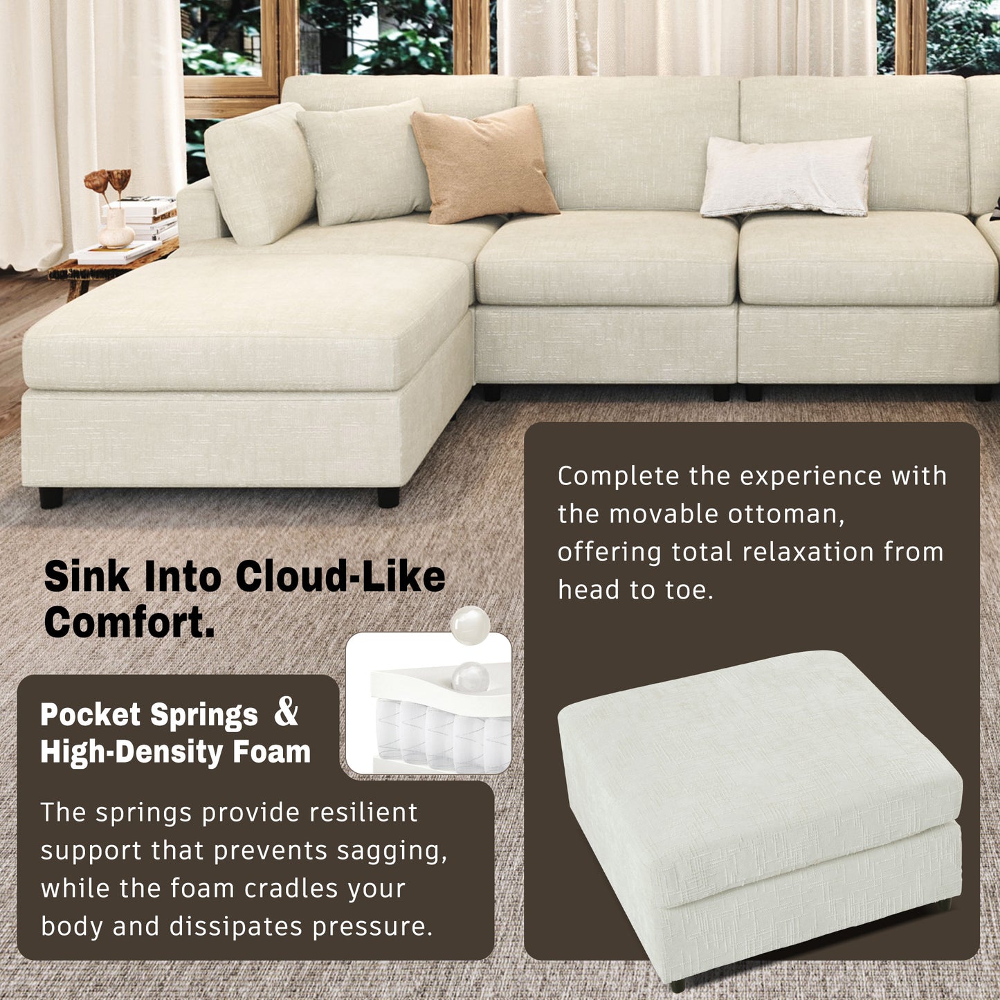 U-Style 127" U-Shaped Sectional Sofa with Movable Ottoman, 6-Piece Chenille Fabric Sofa Set, Convertible Modular Corner Couch