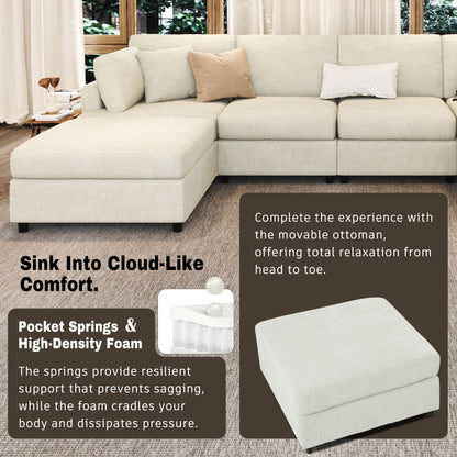 U-Style 127" U-Shaped Sectional Sofa with Movable Ottoman, 6-Piece Chenille Fabric Sofa Set, Convertible Modular Corner Couch