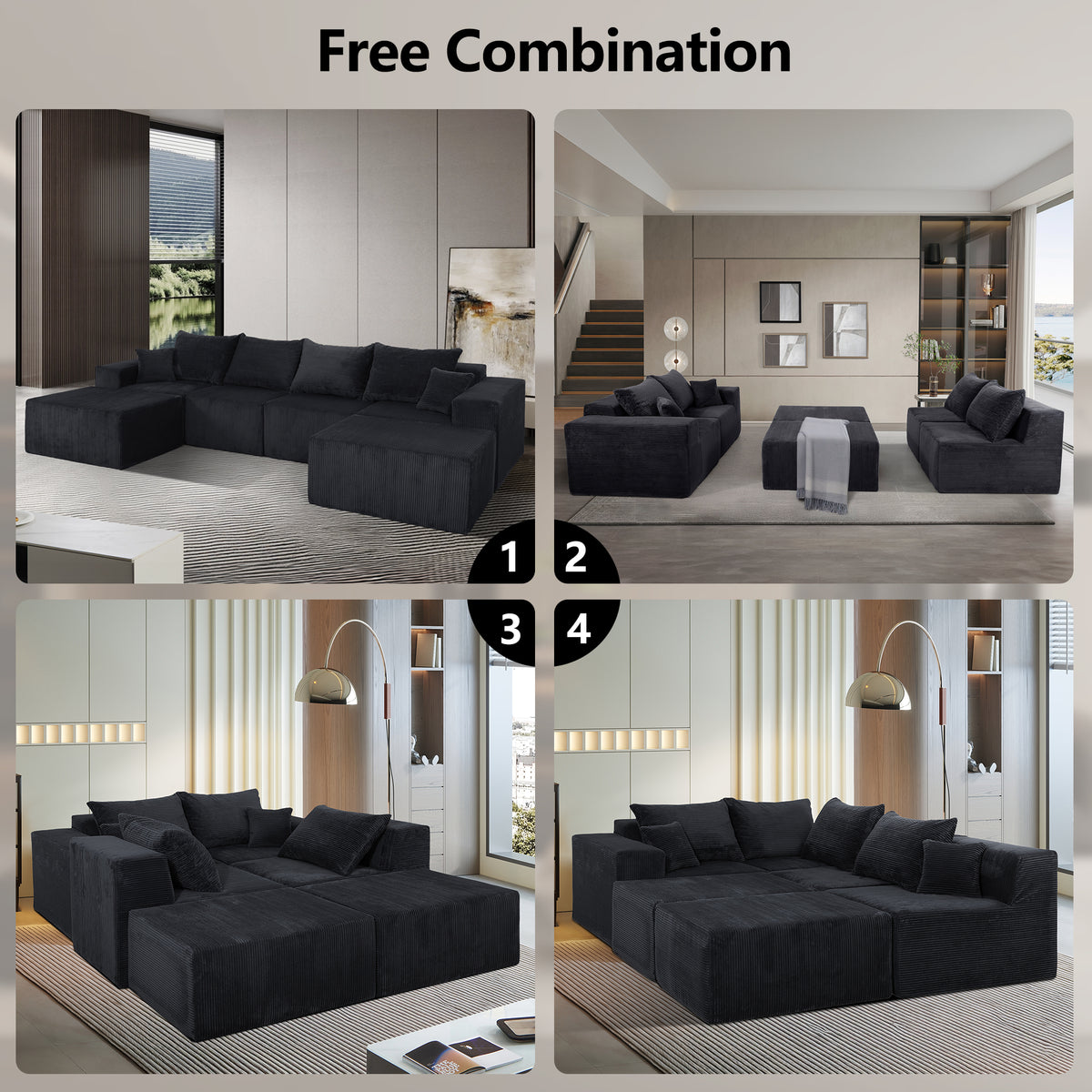 Modular U-Shaped Sectional Sofa in Black, Convertible Oversized Couch with Chaise Lounge, No Assembly Required, Soft Corduroy