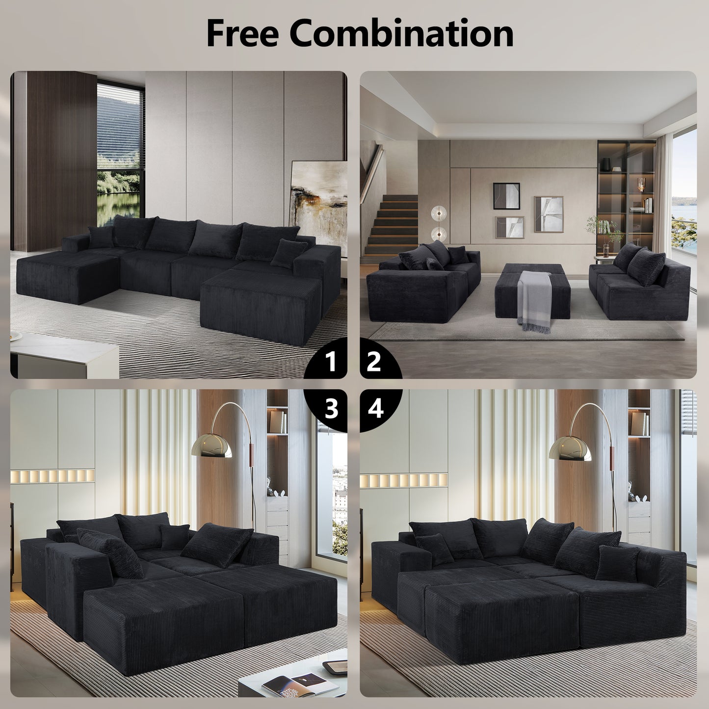 Modular U-Shaped Sectional Sofa in Black, Convertible Oversized Couch with Chaise Lounge, No Assembly Required, Soft Corduroy