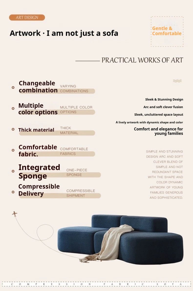 Fabric Sofa, Cashew Shape Compression Couch with High - Resilience Foam, Velvet Upholstery, Non - Deformation, Roll - Pack Design - PatioLix