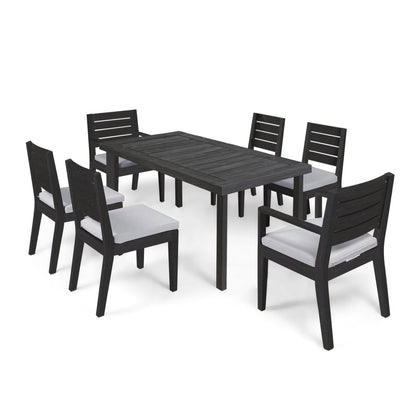 Expandable 7-Piece Outdoor Acacia Wood Dining Set in Sandblasted Dark and Light Gray