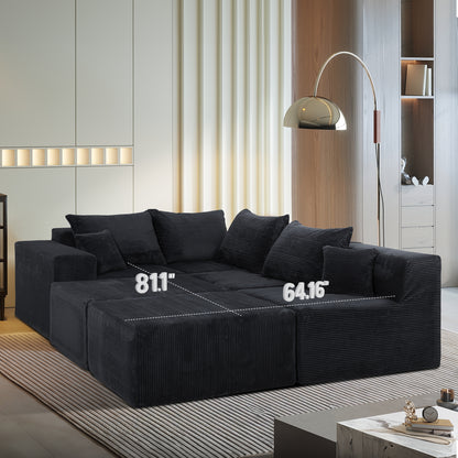 Modular U-Shaped Sectional Sofa in Black, Convertible Oversized Couch with Chaise Lounge, No Assembly Required, Soft Corduroy