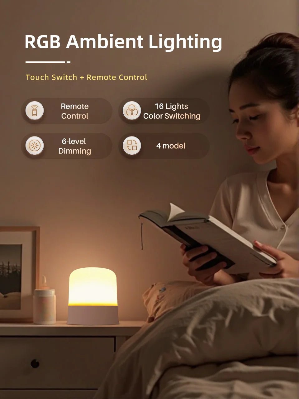 GGbingo Touch Night Light Rechargeable Remote Control Night Light RGB Dimmable Table Lamp Ambient Light for Bedroom Living Room - PatioLix