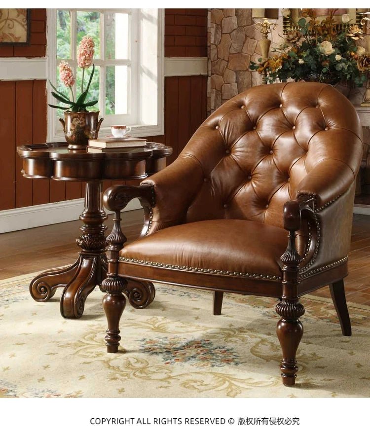 H5 retro solid wood single sofa chair living room casual light luxury leather armchair - PatioLix
