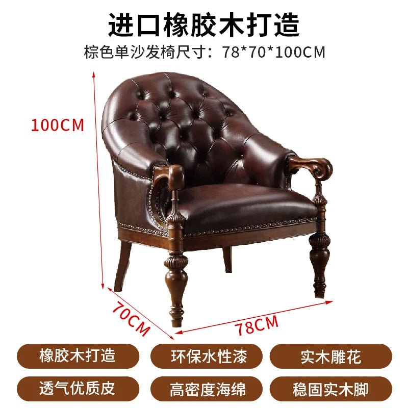 H5 retro solid wood single sofa chair living room casual light luxury leather armchair - PatioLix