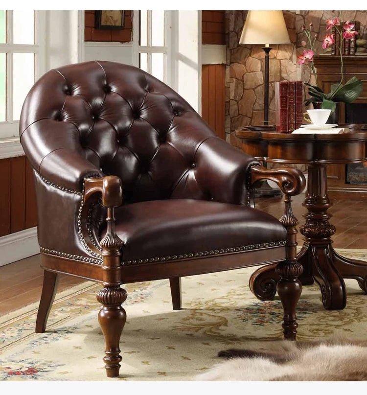 H5 retro solid wood single sofa chair living room casual light luxury leather armchair - PatioLix